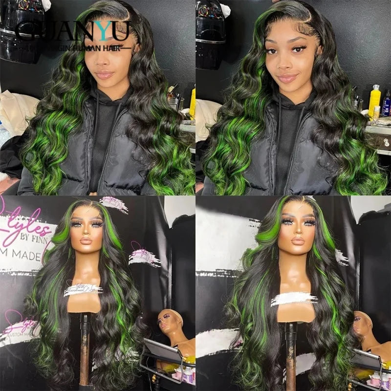 Highlight Green Human Hair 13x4 Lace Front Wigs For Women Green with Black Color Glueless Body Wave Lace Closure Wig Pre Plucked