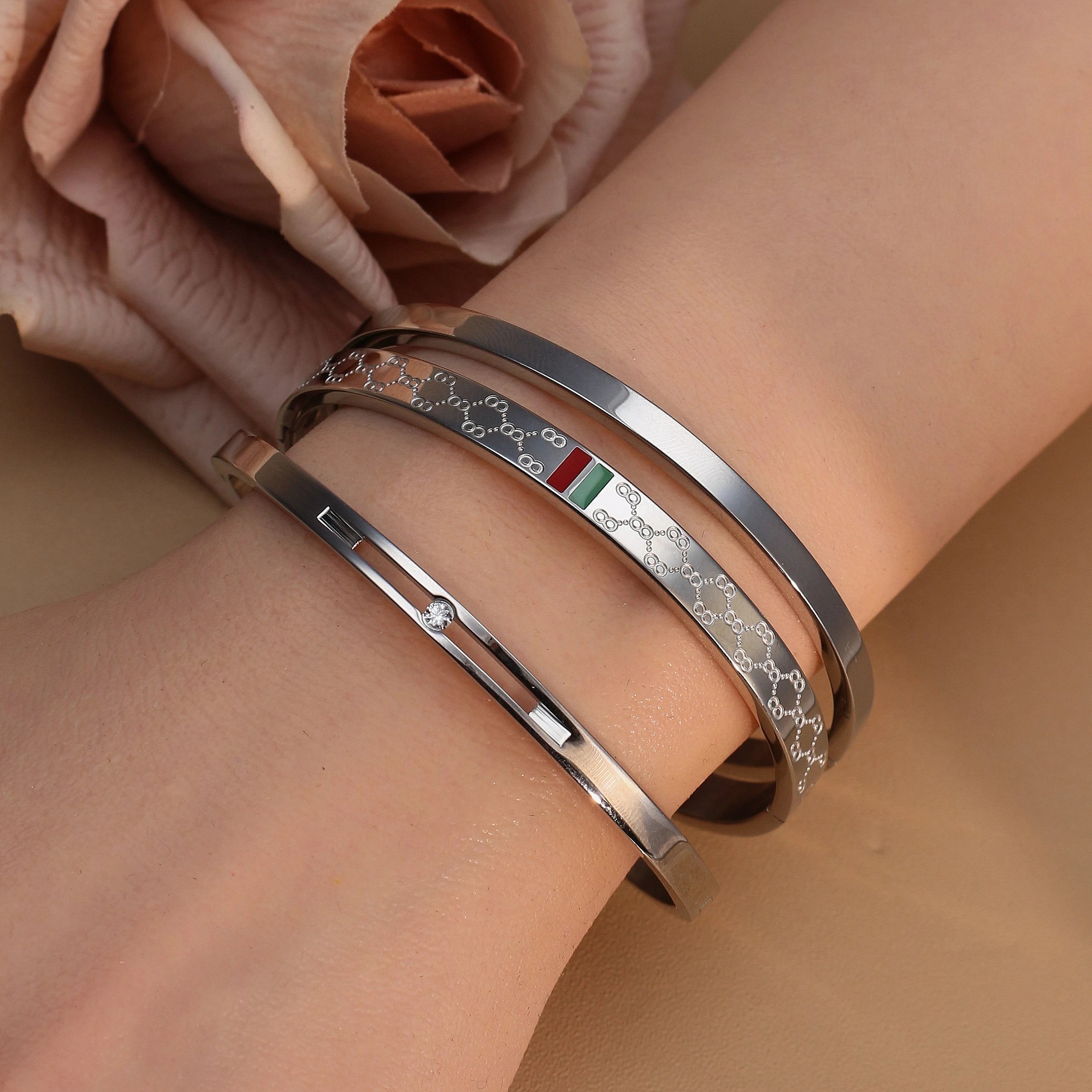 18K Gold Plated Unisex Bangles with Red/Green Accents