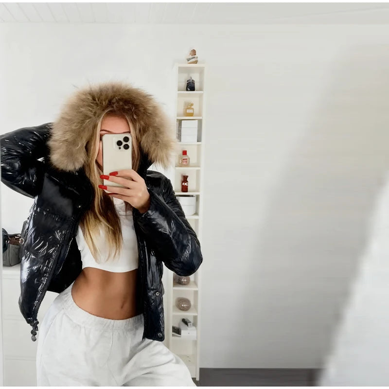 Women Glossy Surface Hooded Padded Jacket Fashion Faux Fur Zipper Cropped Jackets Lady