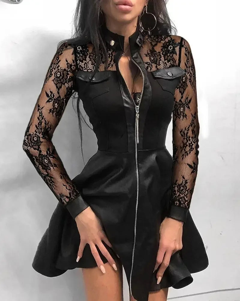 Fashionable PU Leather Patchwork Waist-Cinching Dress Autumn Winter New Arrival Independent Station Wish Elegant Brand