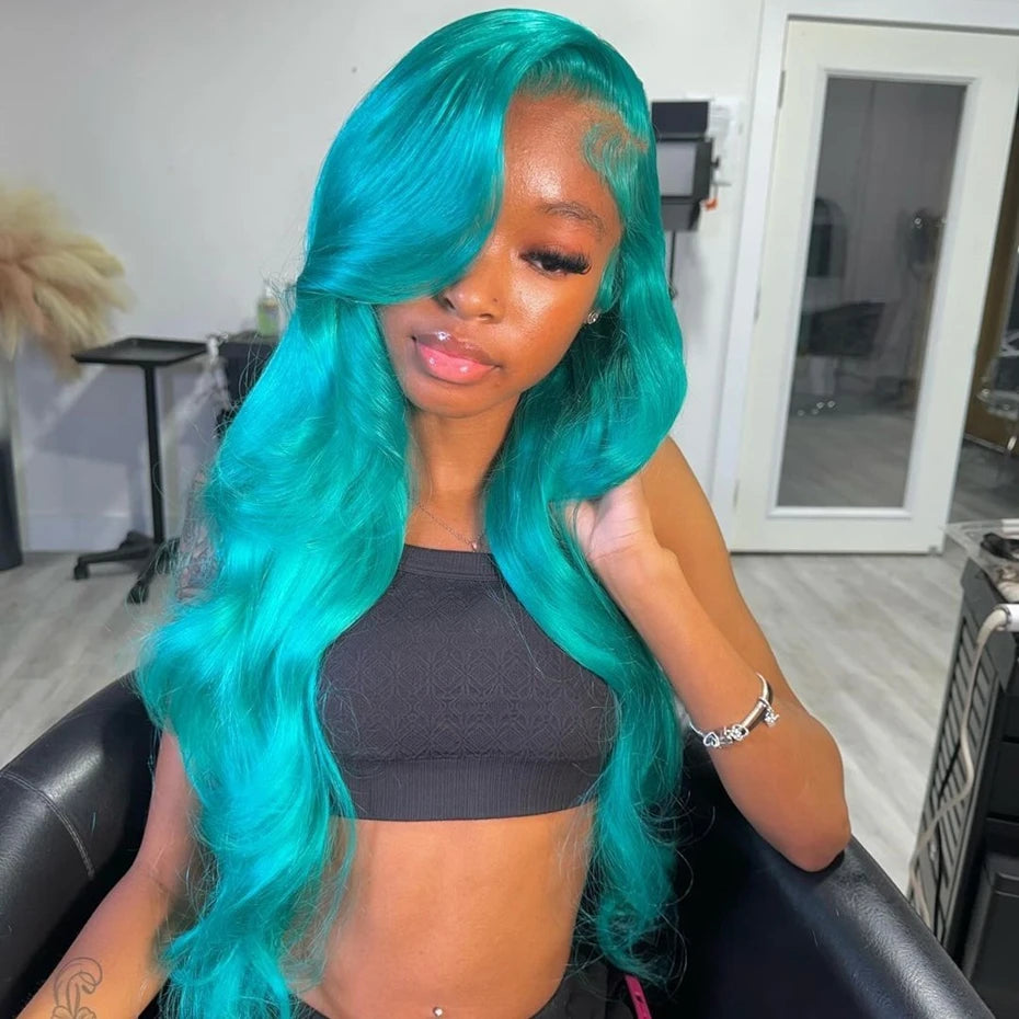 13x6 Teal Ocean Blue Lace Front Wig Human Hair Body Wave 613 Blonde Lace Frontal Wig Preplucked Mint Green Color Human Hair Wigs