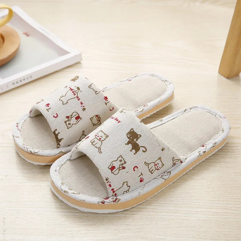 Four Season Linen Home Slippers – Women’s Indoor Non-Slip Floral Slides with Cartoon Cat Design