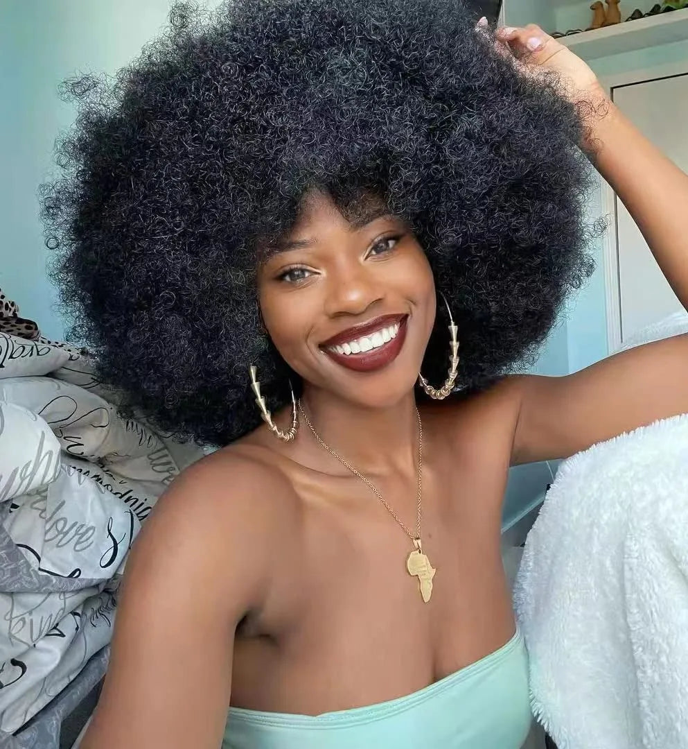 Brazilian Afro Kinky Curly Bob Wigs 200% Density Remy Human Hair Wigs Nature Black Color Wigs With Bang Glueless For Black Women