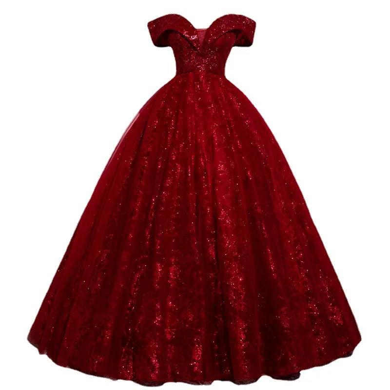 Red Evening Dress 2024 New Off The Shoulder Classic Elegant Ball Gown Sleeveless Sequined Tulle Banquet Shinning Host Customized
