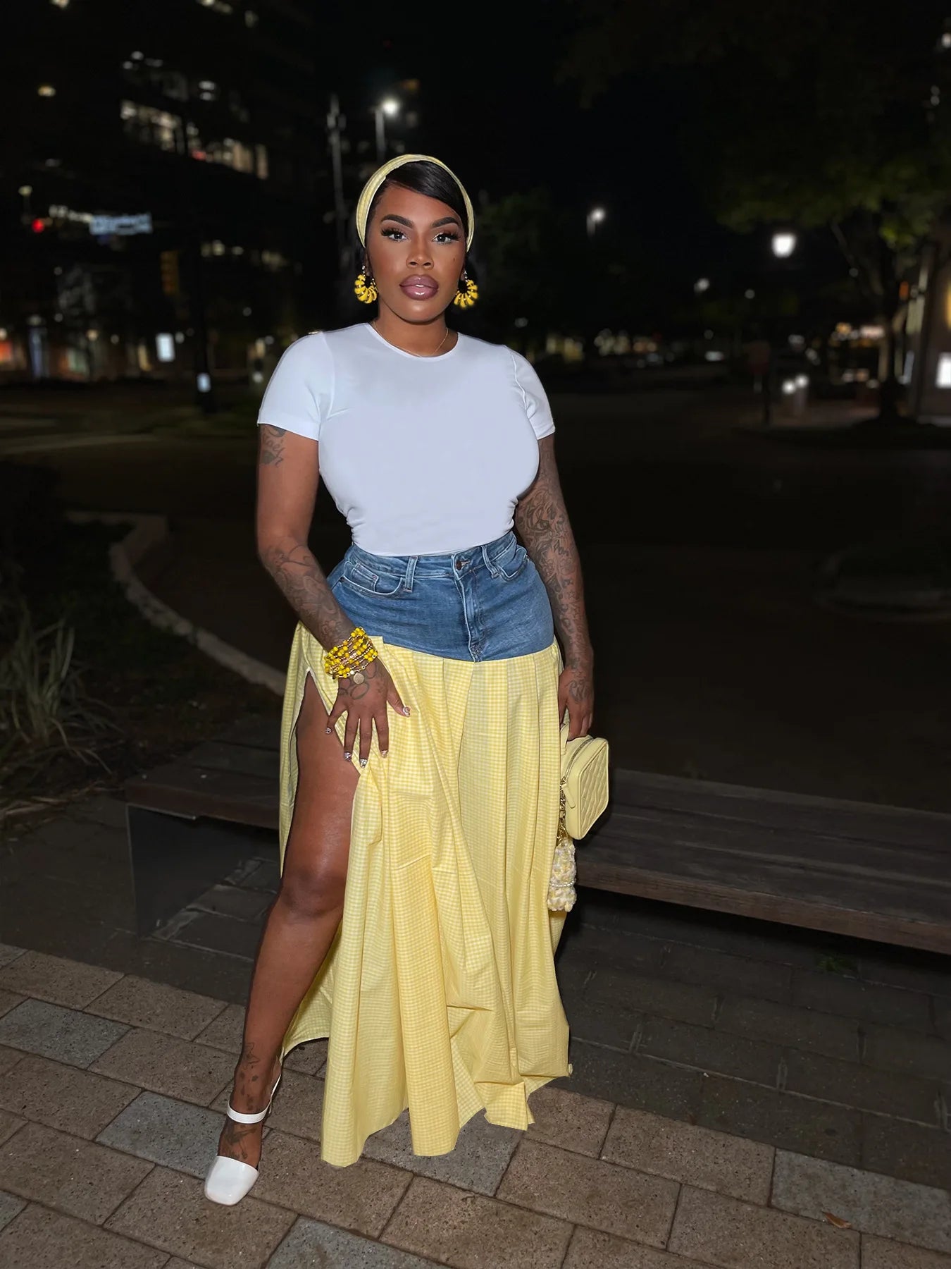 Fashion High Side Split Plaid Denim Patchwork Loose Maxi Long SkirtsSummer Streetwear Classic Party Skirt