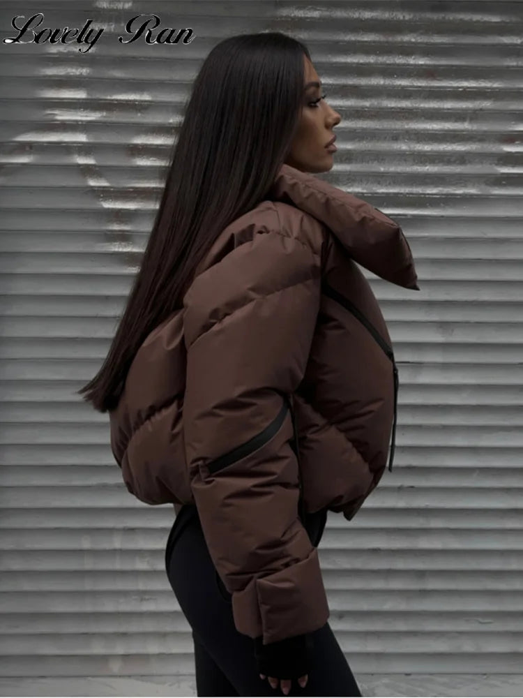 Street Thicken Cotton Women Short Coat Long Sleeve Zippers Pocket Pocket Stand Female