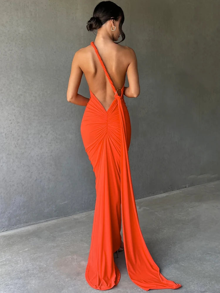 Dulzura Neon Y2K Clothes One Shoulder Sleeveless Backless Ruched Bodycon Maxi Dresses For Women Club Birthday Party Evening Prom