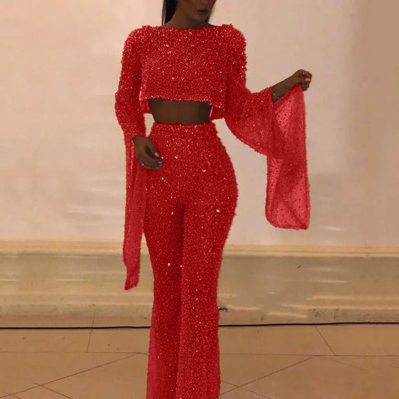 Sexy Backless Hollow Bandage Jumpsuit Women Spring O-neck Flare Sleeve Straight Playsuit Fall Sequin Shiny Party Romper Overalls