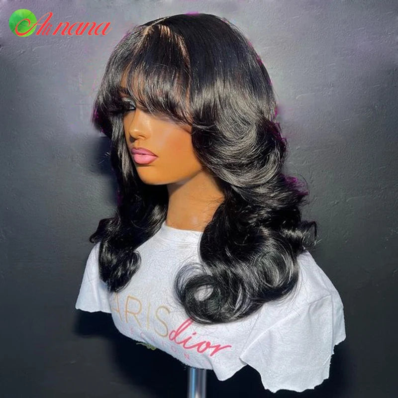 Reddish Brown Colored Body Wave With Bangs 13x6 Lace Frontal Wig Brazilian Remy Human Hair Wig For Women 5x7 Lace Closure Wigs