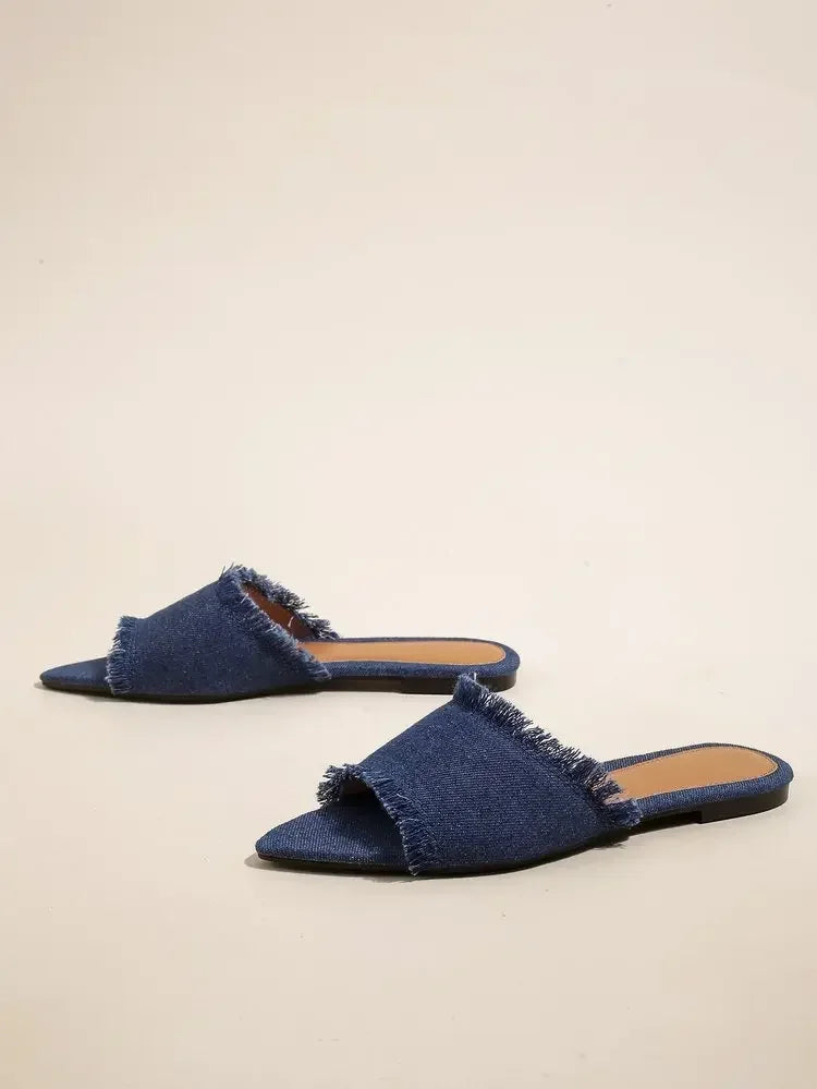 Women's Flat Stylish Beach Slippers, Denim Style, Summer Women's Pointed Cool Sandals Shoes for Women Zapatos Mujer