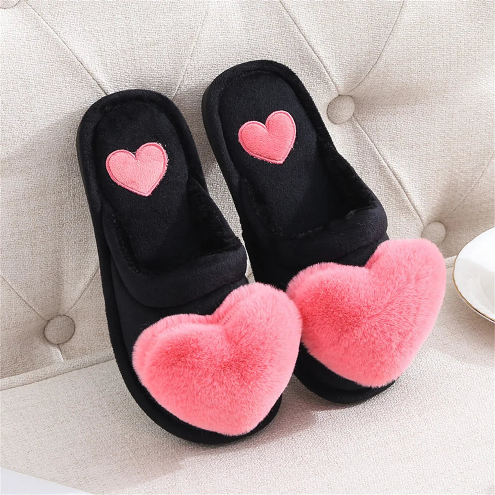 Women’s Plush Heart Slippers – Warm Indoor Non-Slip Winter House Shoes
