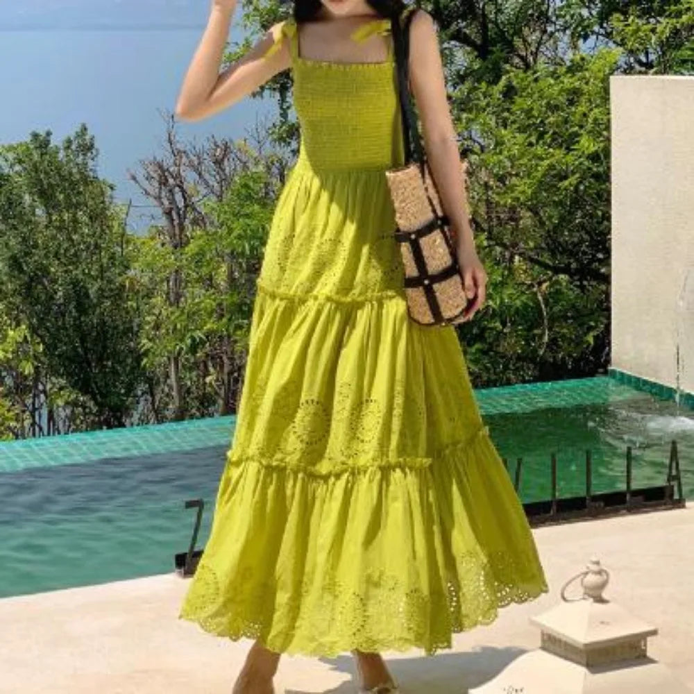 Elegant Sexy Backless High Waist embroidery Slip Dress Fairy A-line Summer Beach Vacation Slim Women Evening Party Dress