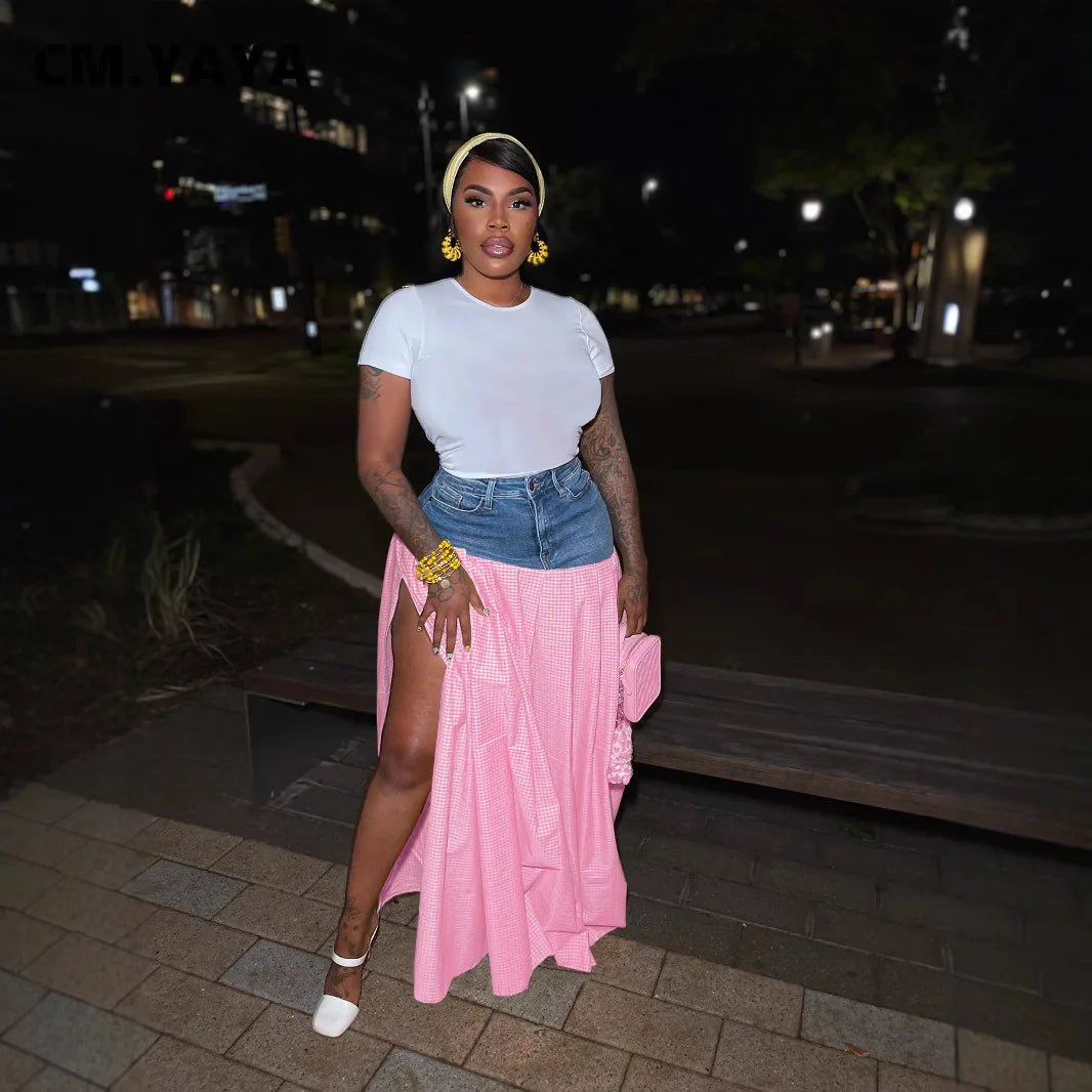 Fashion High Side Split Plaid Denim Patchwork Loose Maxi Long SkirtsSummer Streetwear Classic Party Skirt