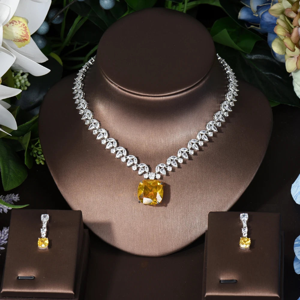 HIBRIDE 2PCS Square Design Women Necklace And Earring Sets Cubic Zirconia Yellow Color Jewelry Sets For Bridal Wedding
