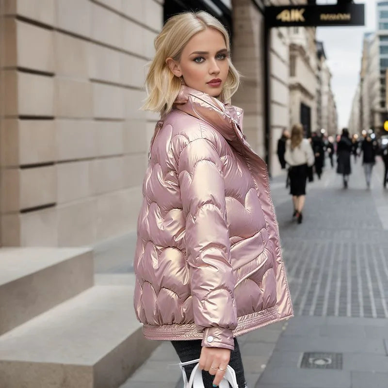 Short Glossy Puffer Jacket - Women's Quilted Coat with Color-Popping Style