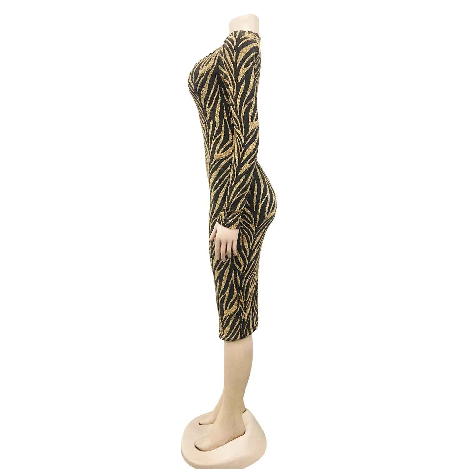 Women Featuer Print V-neck Long Sleeve Party Sexy Bodycon Midi Dress