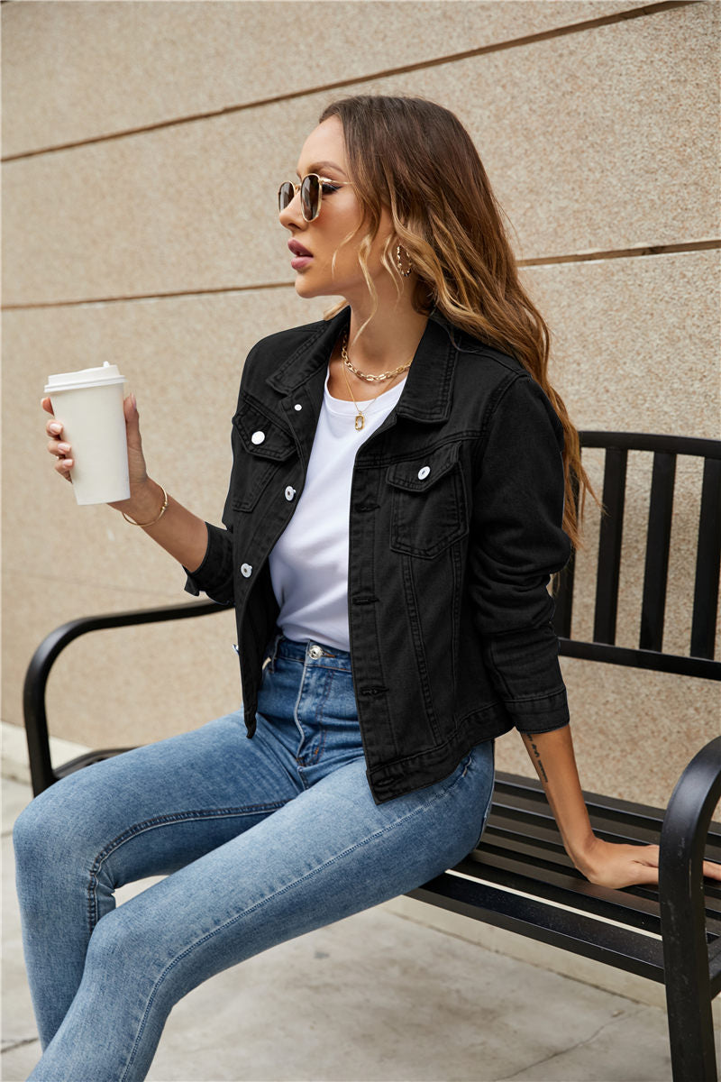 Women's Denim Jackets Fashion Female Casual Long Sleeve Lapel Solid