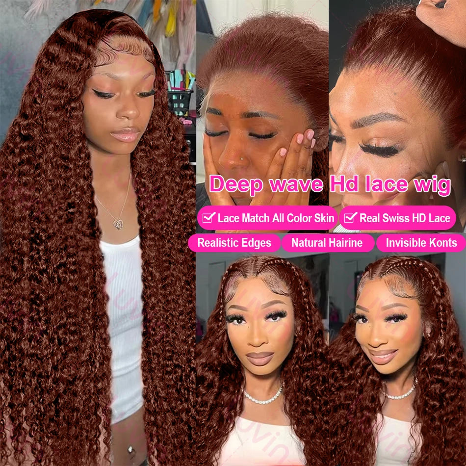 180% Reddish Brown Deep Wave 13x6 Lace Front Wigs Pre Plucked 13x4 Curly Transparent Lace Front Wigs Human Hair For Women