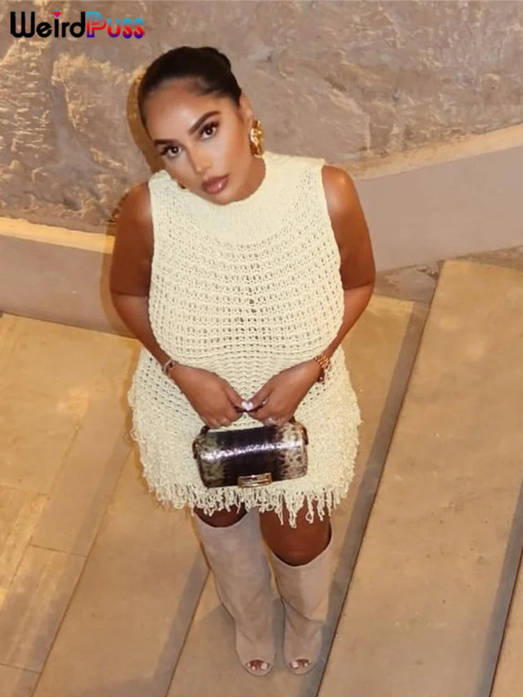 Weird Puss Crochet Dress Women Sexy Chic Y2K Summer Trend Tassel Hem Sleeveless Stretch Fashion Beach Vacation Clubwear Bodycon