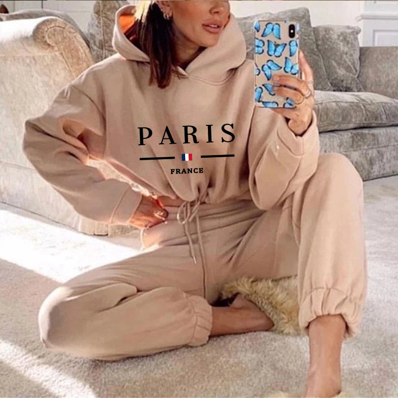 Paris Printed Womens Tracksuit Casual Short Hoodies Tunic+Trousers 2 Pcs Sets Sports Jogging Sweatshirts Outfits Women Pants Set