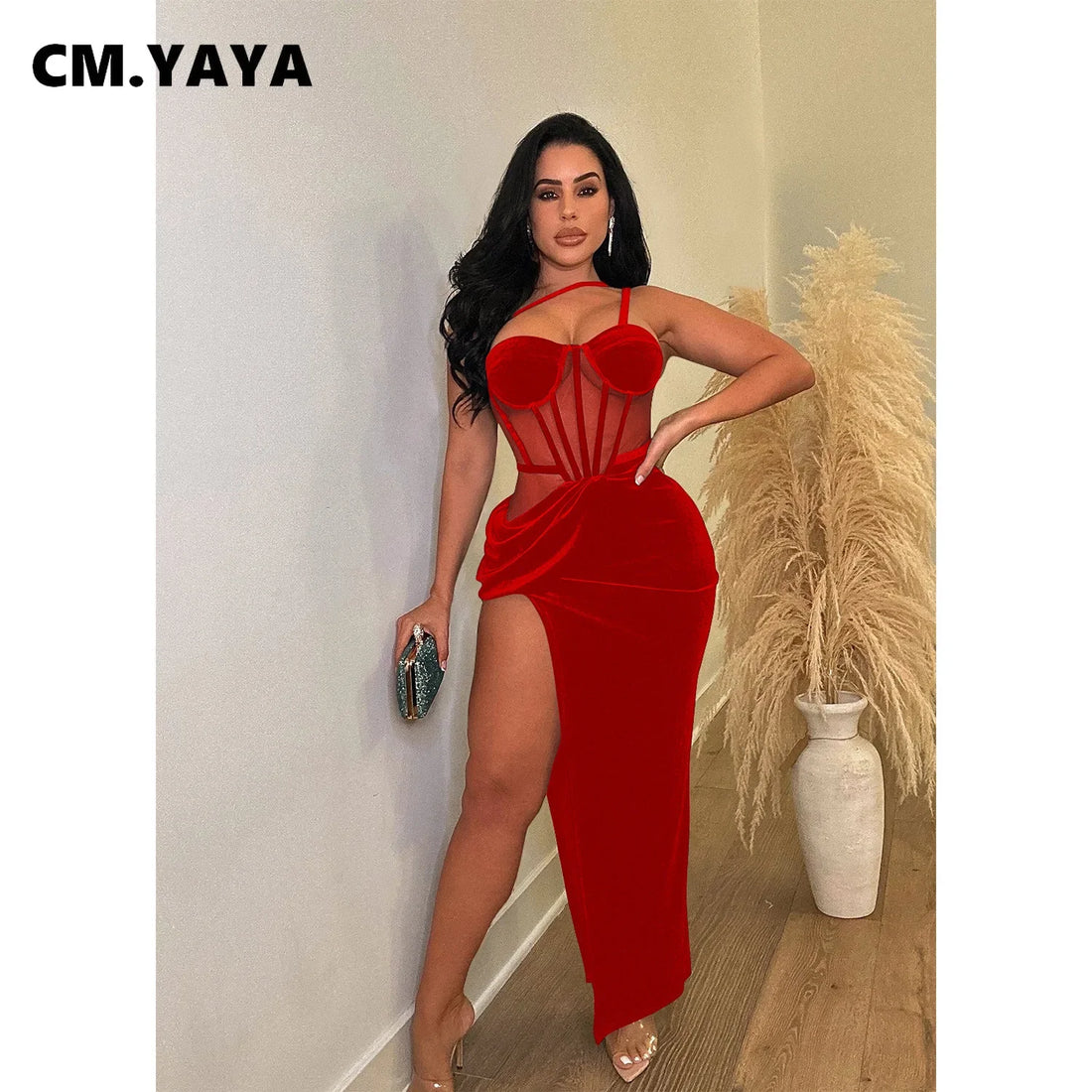 CM.YAYA Women’s Halter Neck Maxi Dress – Sleeveless Velvet Mesh Patchwork Party Dress