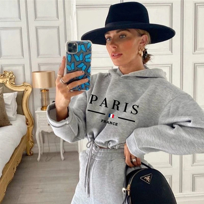 Paris Printed Womens Tracksuit Casual Short Hoodies Tunic+Trousers 2 Pcs Sets Sports Jogging Sweatshirts Outfits Women Pants Set