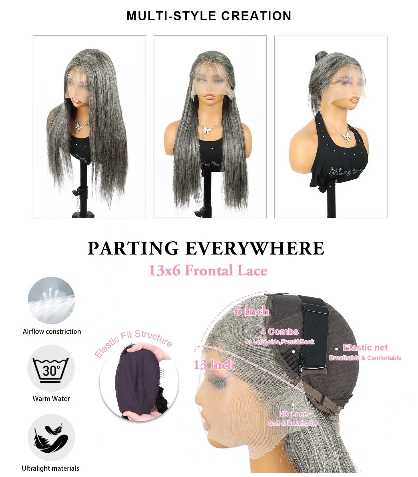 40Inch Silver Grey Salt & Pepper Straight Human Hair Wigs 13x6 Transparent Front Human Hair Wigs 13x5 Brazilian Remy Closure Wig