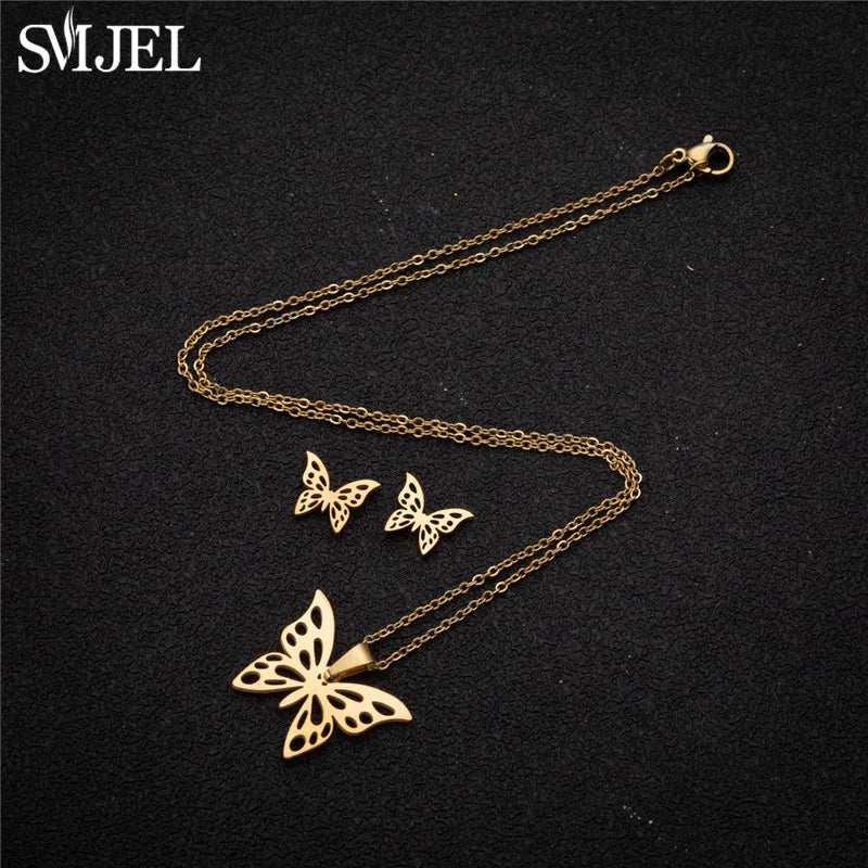 Korea Style Stainless Steel Butterfly Jewelry Sets for Women Cartoon Bee Insect Pendant Necklace Girls Summer Beach Wedding