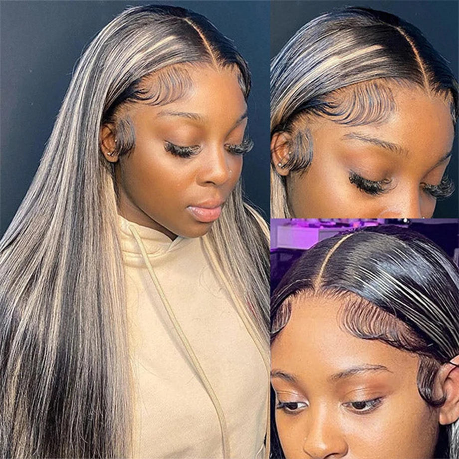 34Inch Straight Highlight Lace Frontal Wigs Human Hair Silver Grey And Black Colored Lace Front Wig For Women HD Transparent