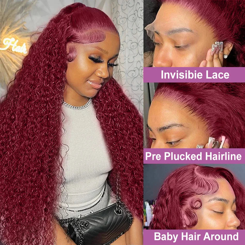 40 Inch 99J Burgundy Deep Wave 13x6 HD Lace Front Wig 250% Red Colored Curly 13x4 Lace Frontal Human Hair Wigs For Women