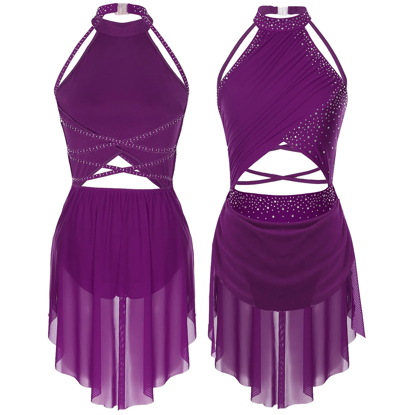 Womens Lyrical Dance Dress Performance Costume Cutout Strappy Backless Sheer Mesh Overlay Glittery Rhinestone Leotard Dress
