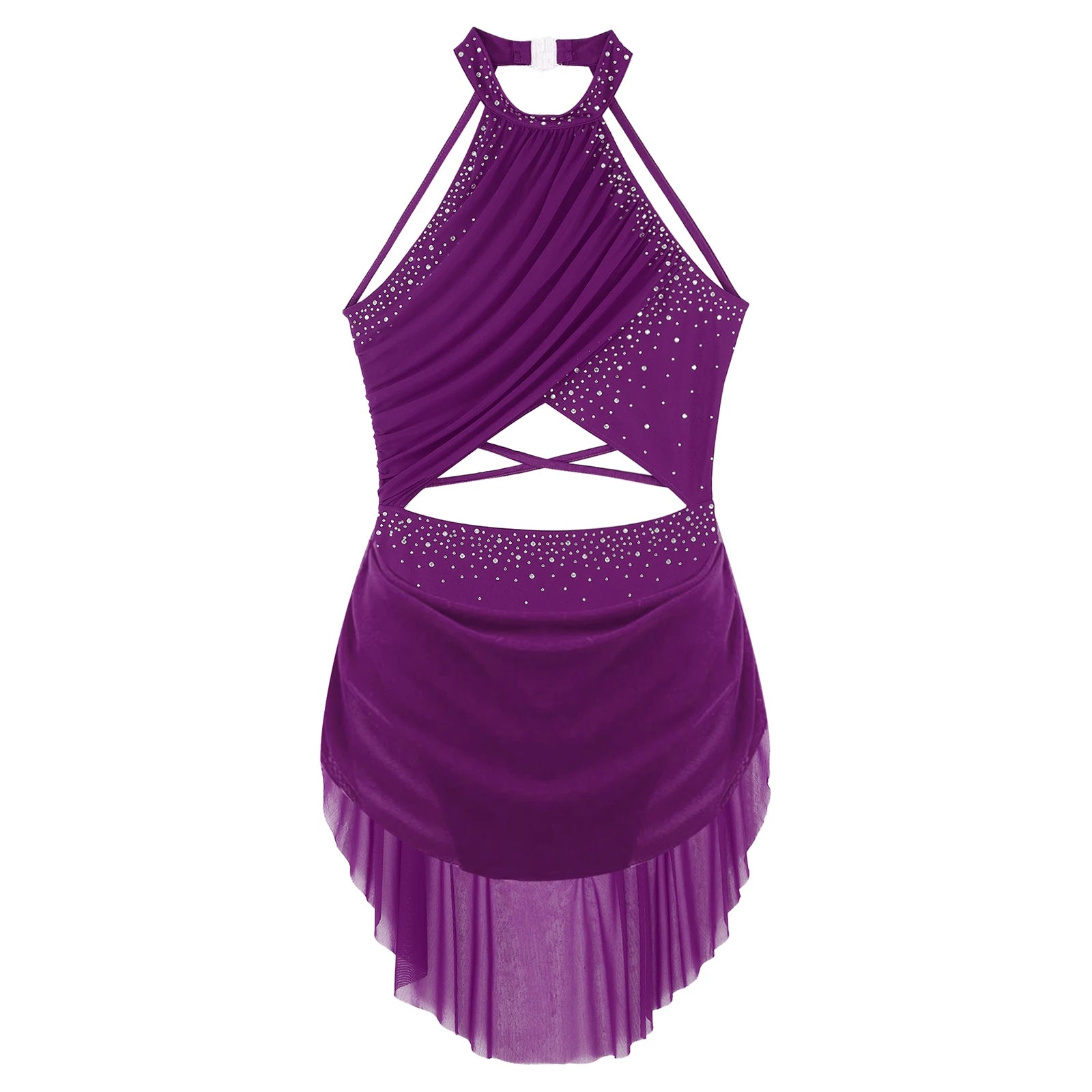 Womens Lyrical Dance Dress Performance Costume Cutout Strappy Backless Sheer Mesh Overlay Glittery Rhinestone Leotard Dress