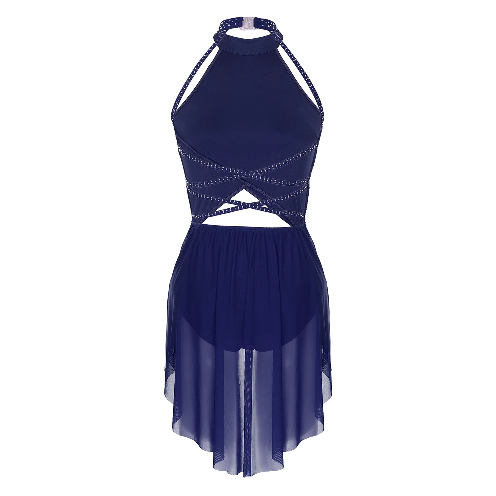 Womens Lyrical Dance Dress Performance Costume Cutout Strappy Backless Sheer Mesh Overlay Glittery Rhinestone Leotard Dress
