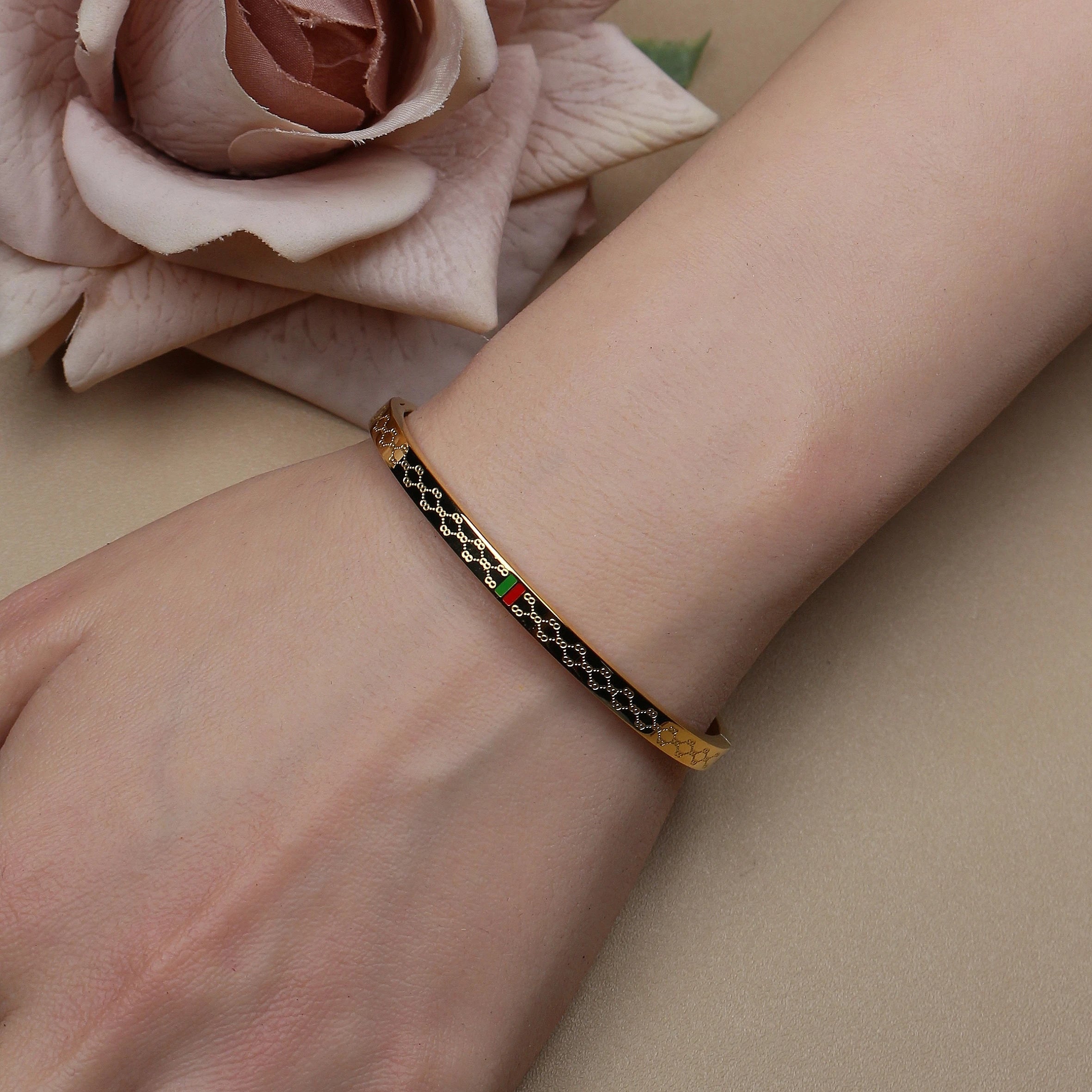 18K Gold Plated Unisex Bangles with Red/Green Accents