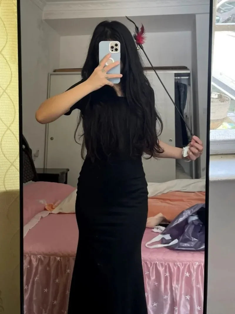 Long Dresses Women Solid Simple Elegant Partywear Gentle Trumpet Vestidos Slim French Vintage Night Club Temper Womens Daily