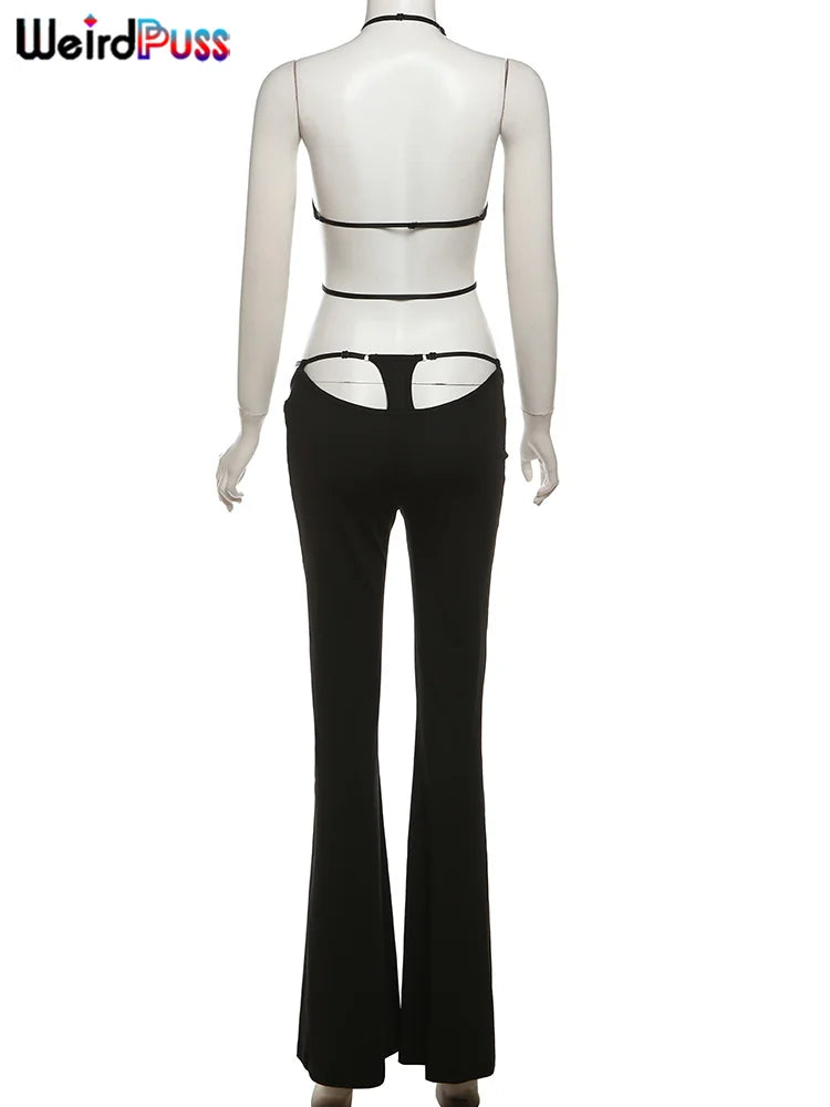 Weird Puss Hollow Straps 2 Piece Sets Woman Summer Sexy Solid Halter Backless Tops+Sequined Flared Pants Party Skinny Outfits