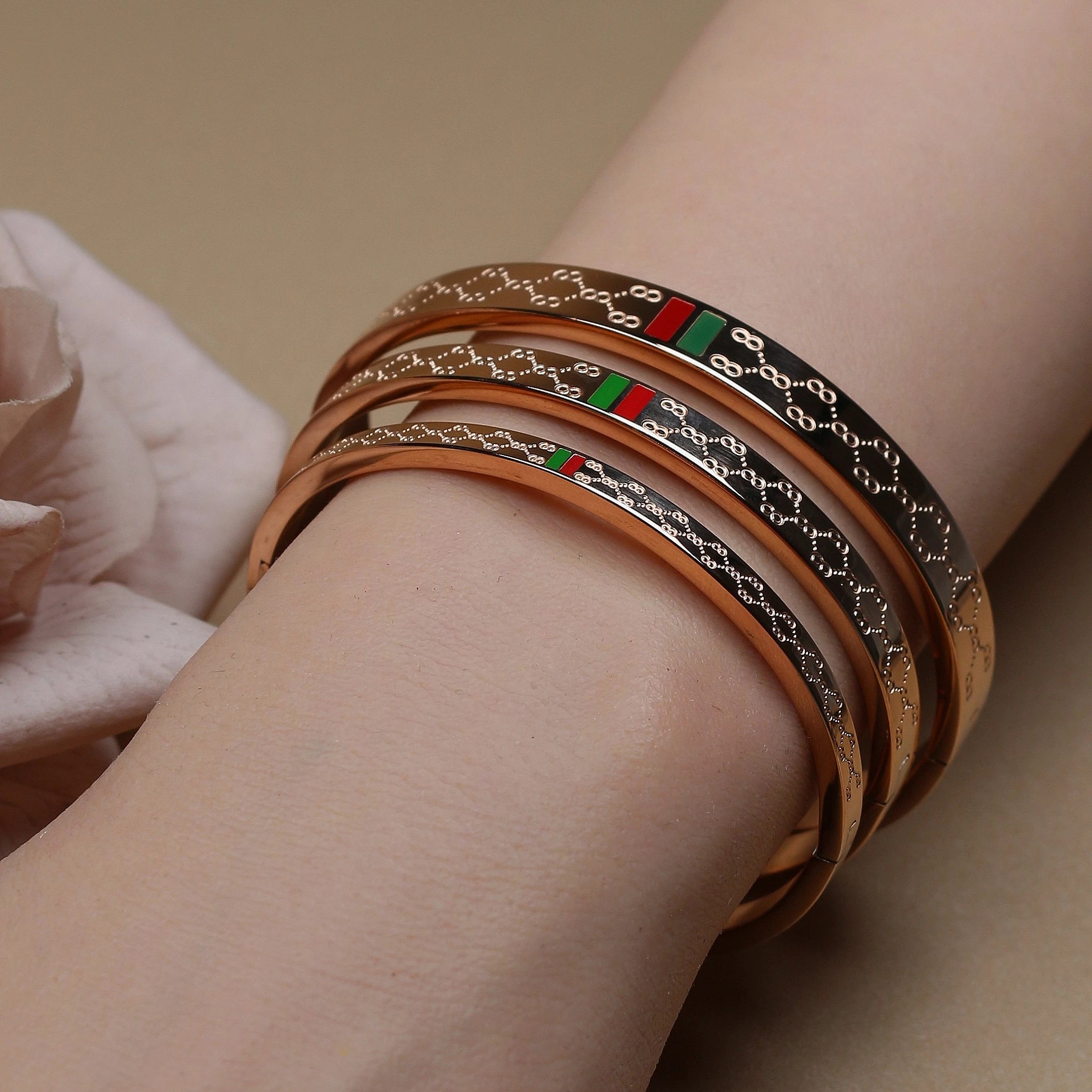 18K Gold Plated Unisex Bangles with Red/Green Accents