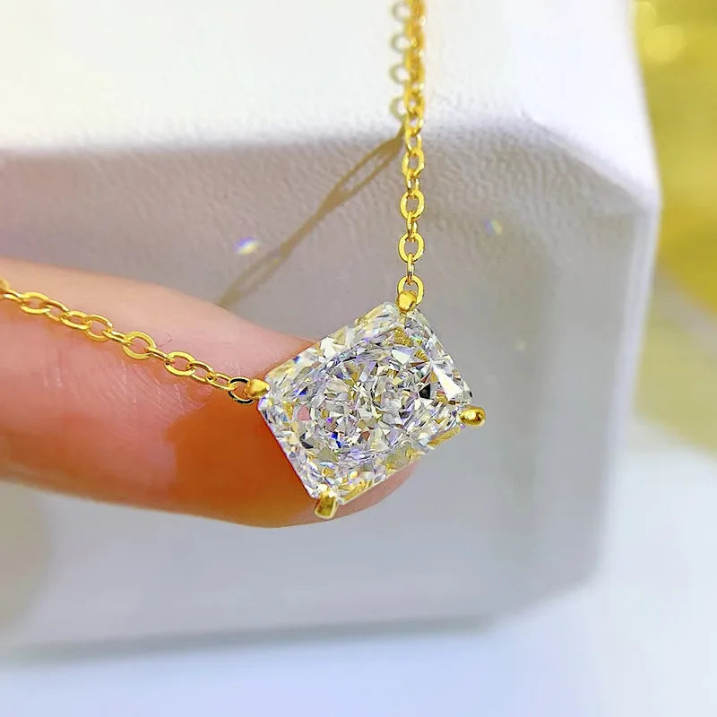 EWYA 4 Carat Radiant Baguette White Diamond Clavicle Necklace Simple Women's Lotus 925 Silver Necklaces for Women Fine Jewelry