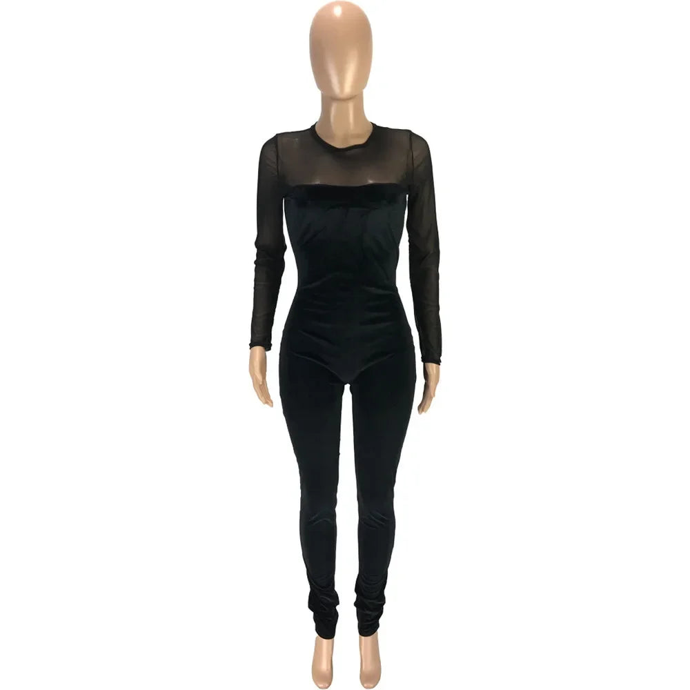 Sexy Sheer Mesh Patchwork Velvet Jumpsuit Women Long Sleeve Skinny Rompers Womens Jumpsuit Elegant Slim Bodycon Party Overalls
