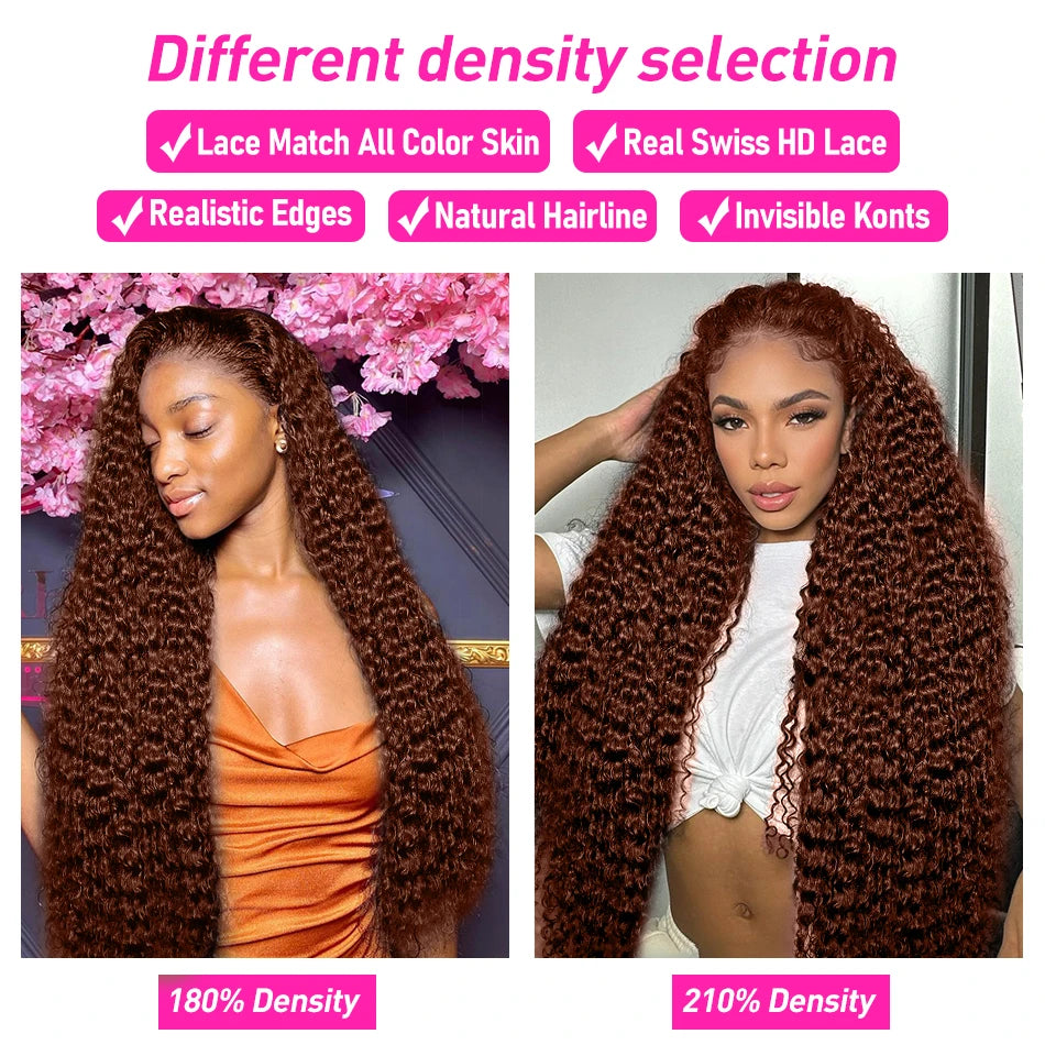 180% Reddish Brown Deep Wave 13x6 Lace Front Wigs Pre Plucked 13x4 Curly Transparent Lace Front Wigs Human Hair For Women