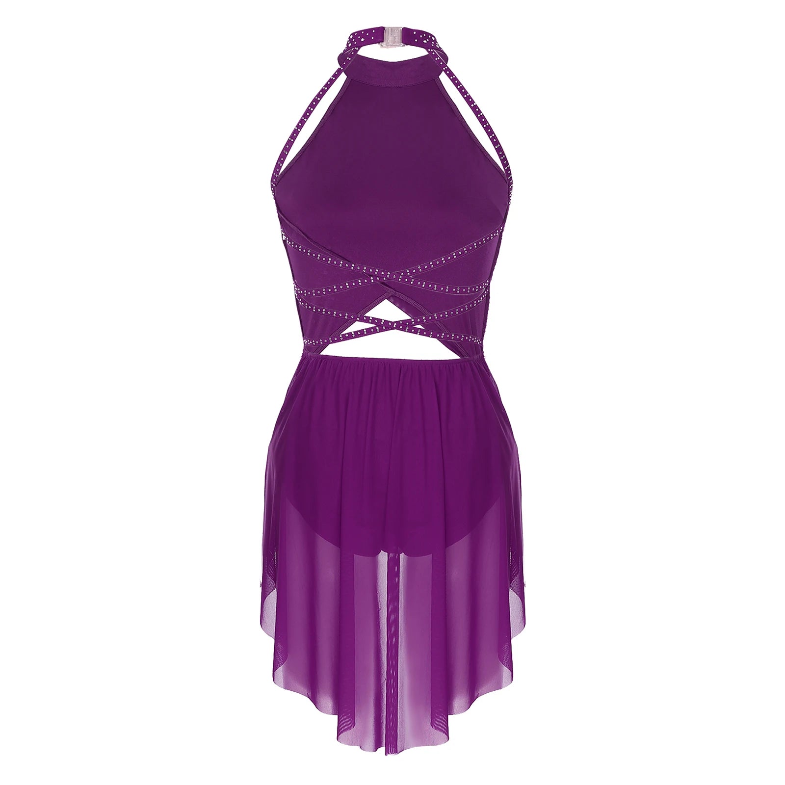 Womens Lyrical Dance Dress Performance Costume Cutout Strappy Backless Sheer Mesh Overlay Glittery Rhinestone Leotard Dress
