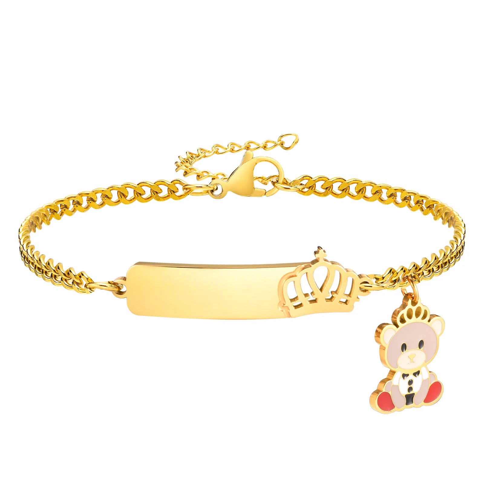 Infant Stainless Steel Crown Chain Link Baby Bear Bracelet with Free Engraving for Kids Child Birthday Gift