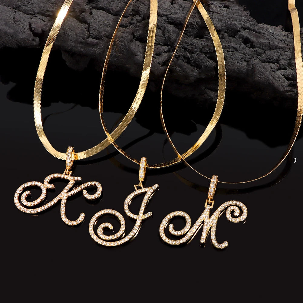 A-Z Initial Bling Cursive Letter Necklace Women Girl Gold Plated Snake Chain Alphabet Pendant Clavicle Necklaces Collar Jewelry
