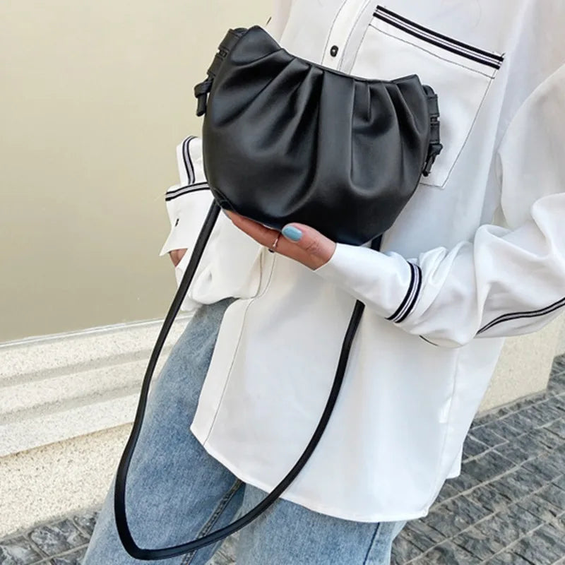 Women’s Pleated Cloud Shoulder Bag – Mini Solid Color Crossbody Handbag with Zipper