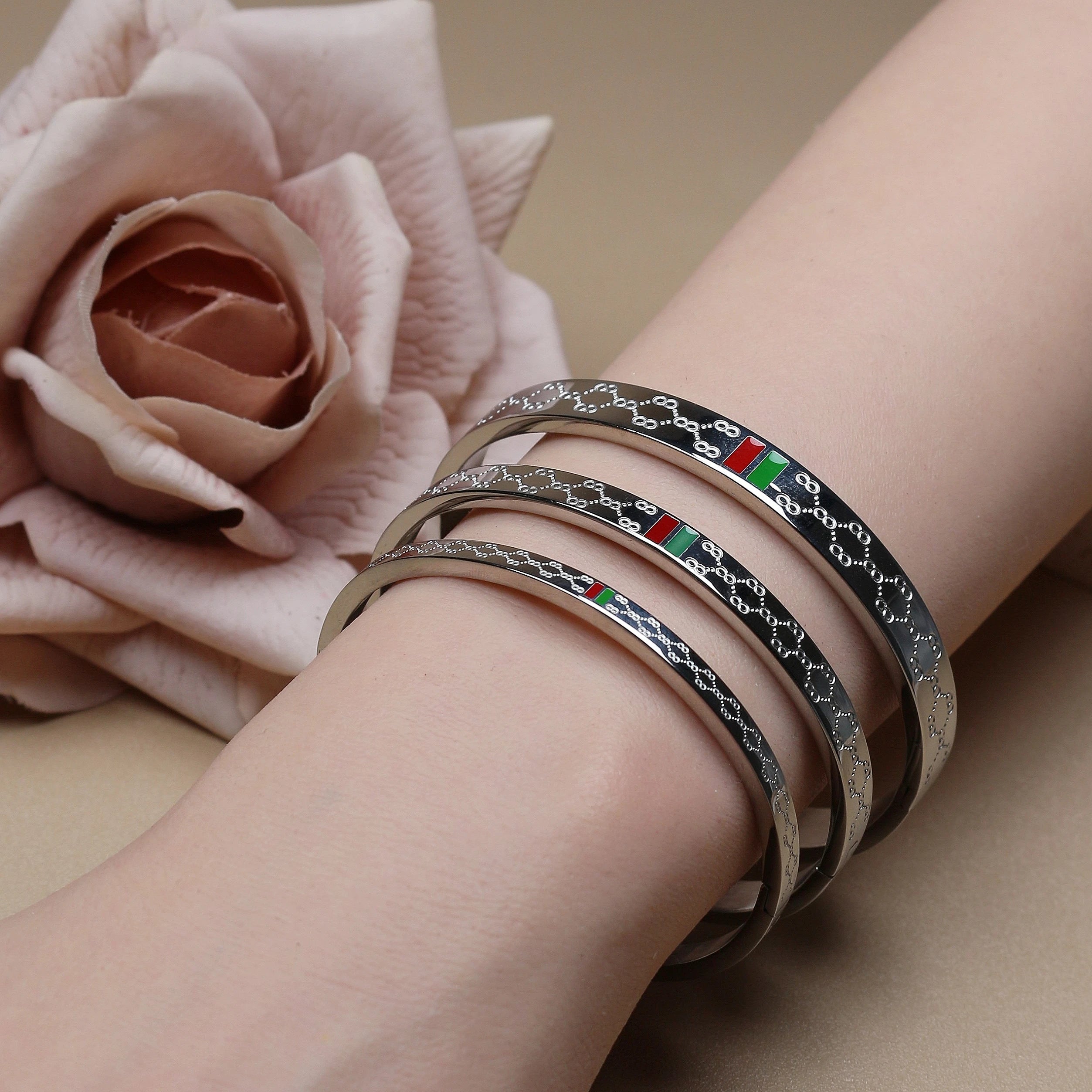 18K Gold Plated Unisex Bangles with Red/Green Accents