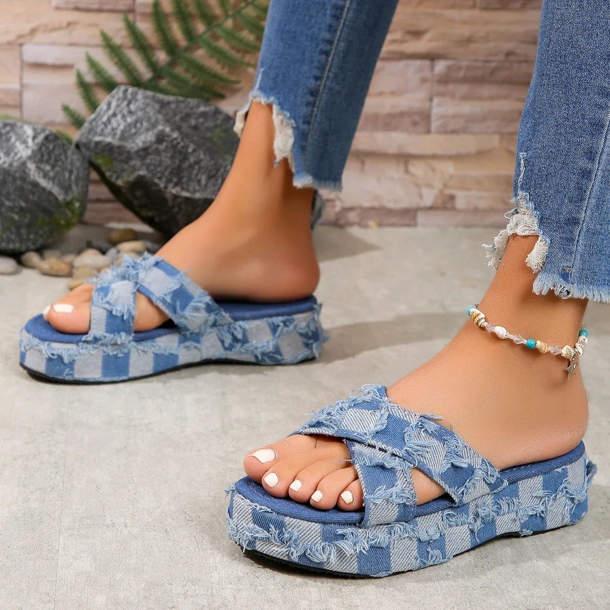Women Denim Slides Summer Sandals Women's Slip on Wedges Platform Casual Open Toe Fashion Jeans Canvas
