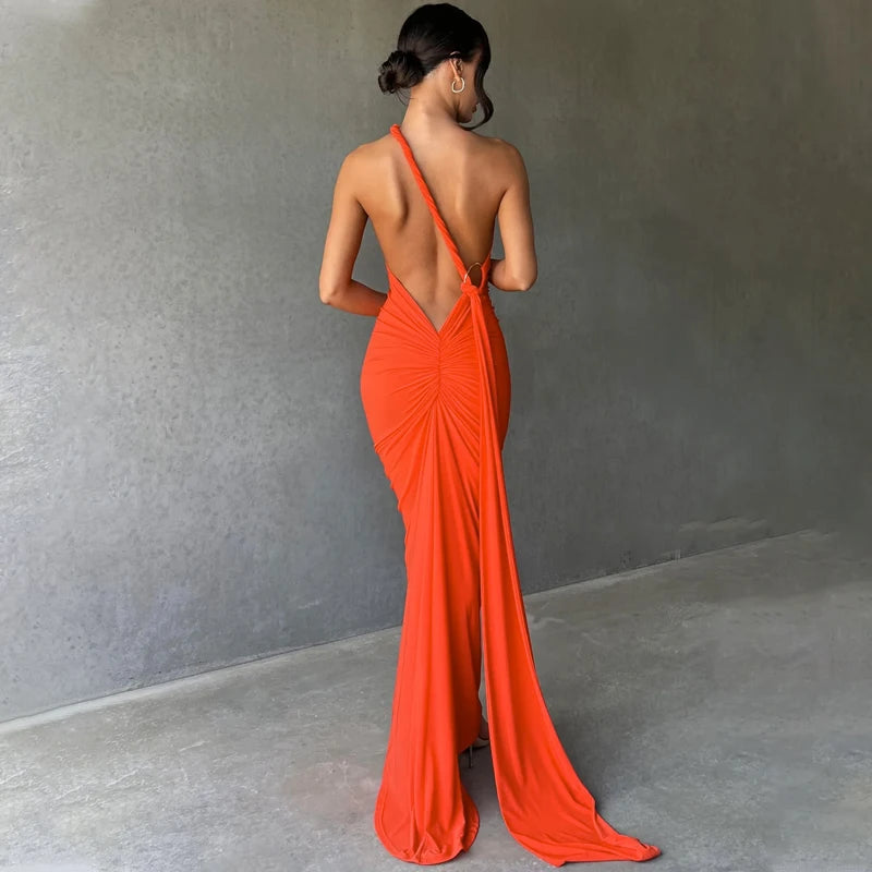 Dulzura Neon Y2K Clothes One Shoulder Sleeveless Backless Ruched Bodycon Maxi Dresses For Women Club Birthday Party Evening Prom