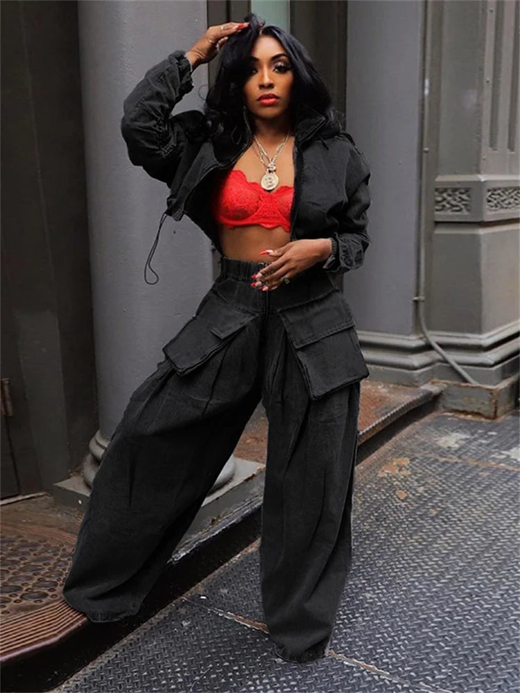 Jeans Women High Waist Denim Bottom Boy Friend Straight Cargo Pockets Zip Pants Korean Streetwear