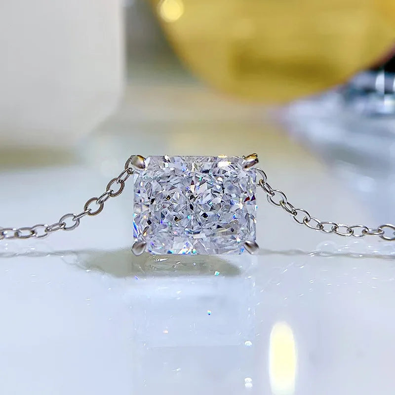 EWYA 4 Carat Radiant Baguette White Diamond Clavicle Necklace Simple Women's Lotus 925 Silver Necklaces for Women Fine Jewelry