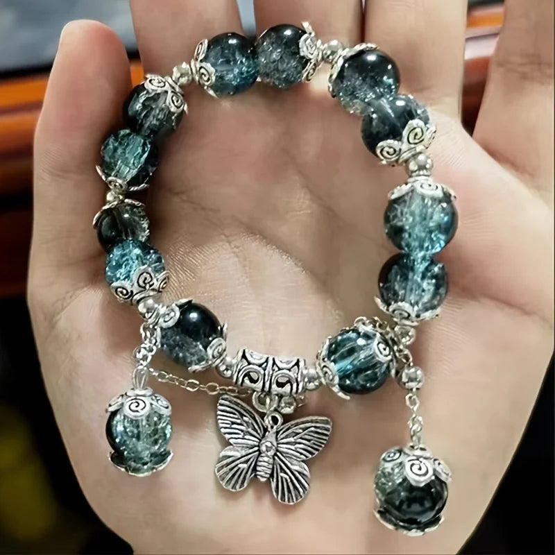 New Trendy Red Crystal Beaded Maple Leaf Bracelet for Women Fashion Butterfly Feather Pendant Bracelet Friendship Jewelry